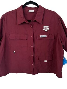 Columbia Women's ATM Logo PFG Open Water Short Sleeve Button Up Shirt Sz XL NWT